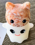 White Jade Ghost with Red Network Jasper Cat Hat Stone Carving RC311