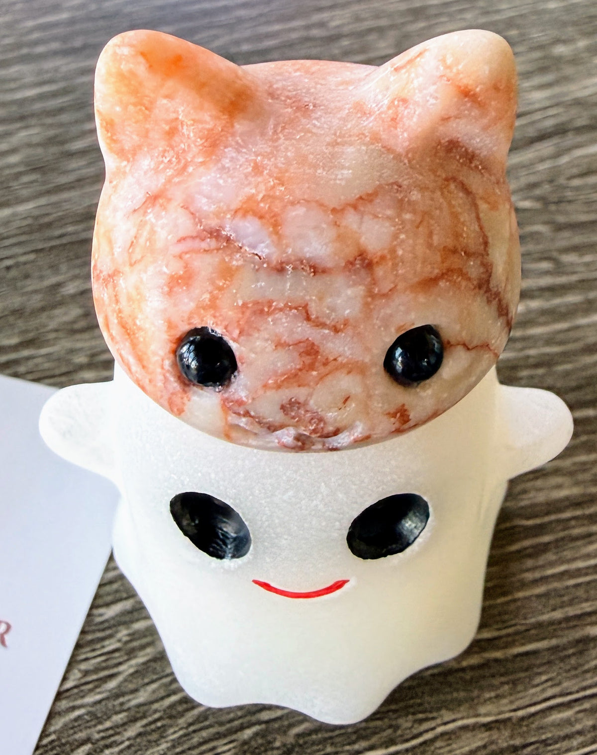 White Jade Ghost with Red Network Jasper Cat Hat Stone Carving RC311